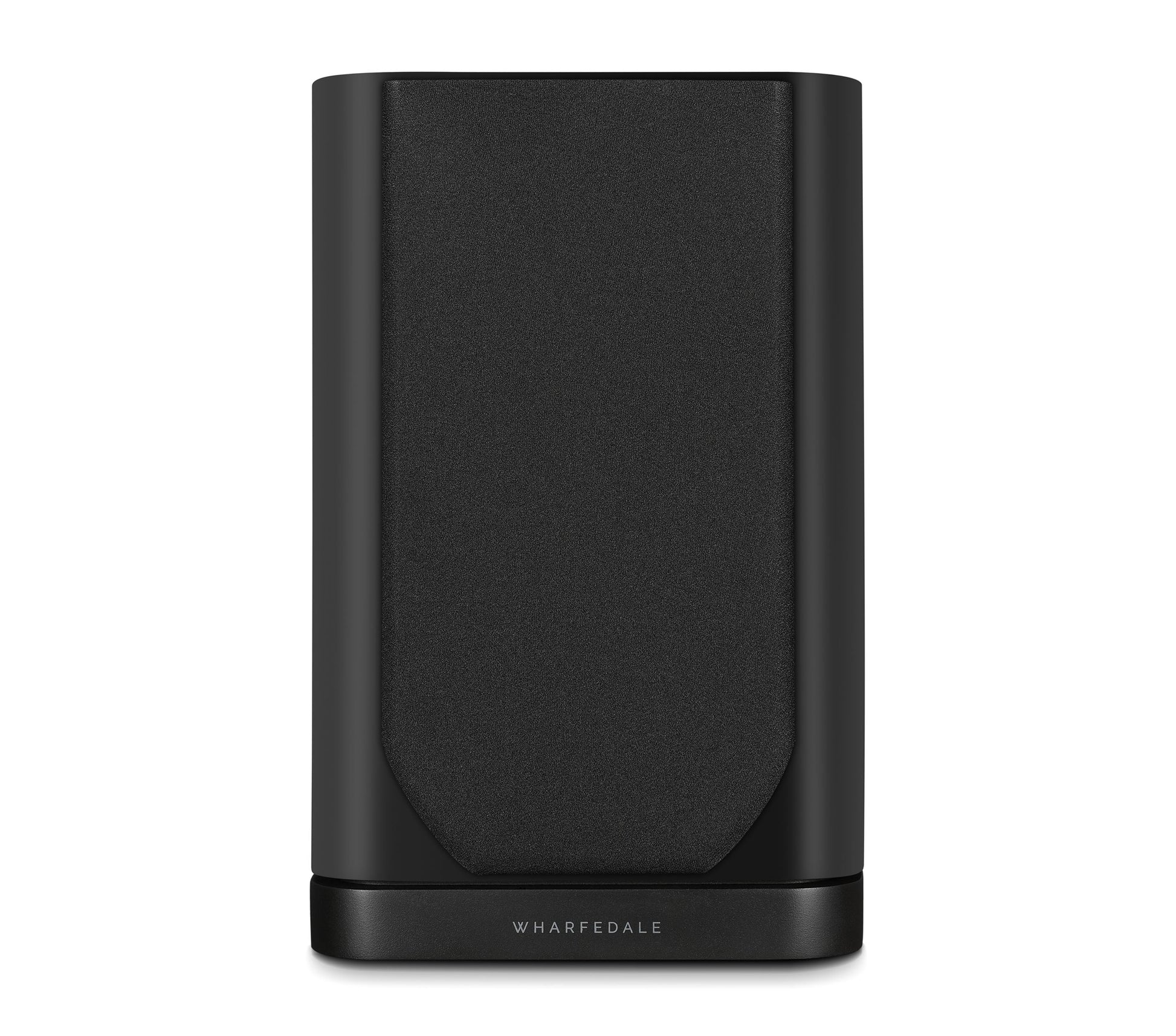 Front view of Wharfedale EVO 5.1 Bookshelf Speaker in black Finish with grill; on white background.