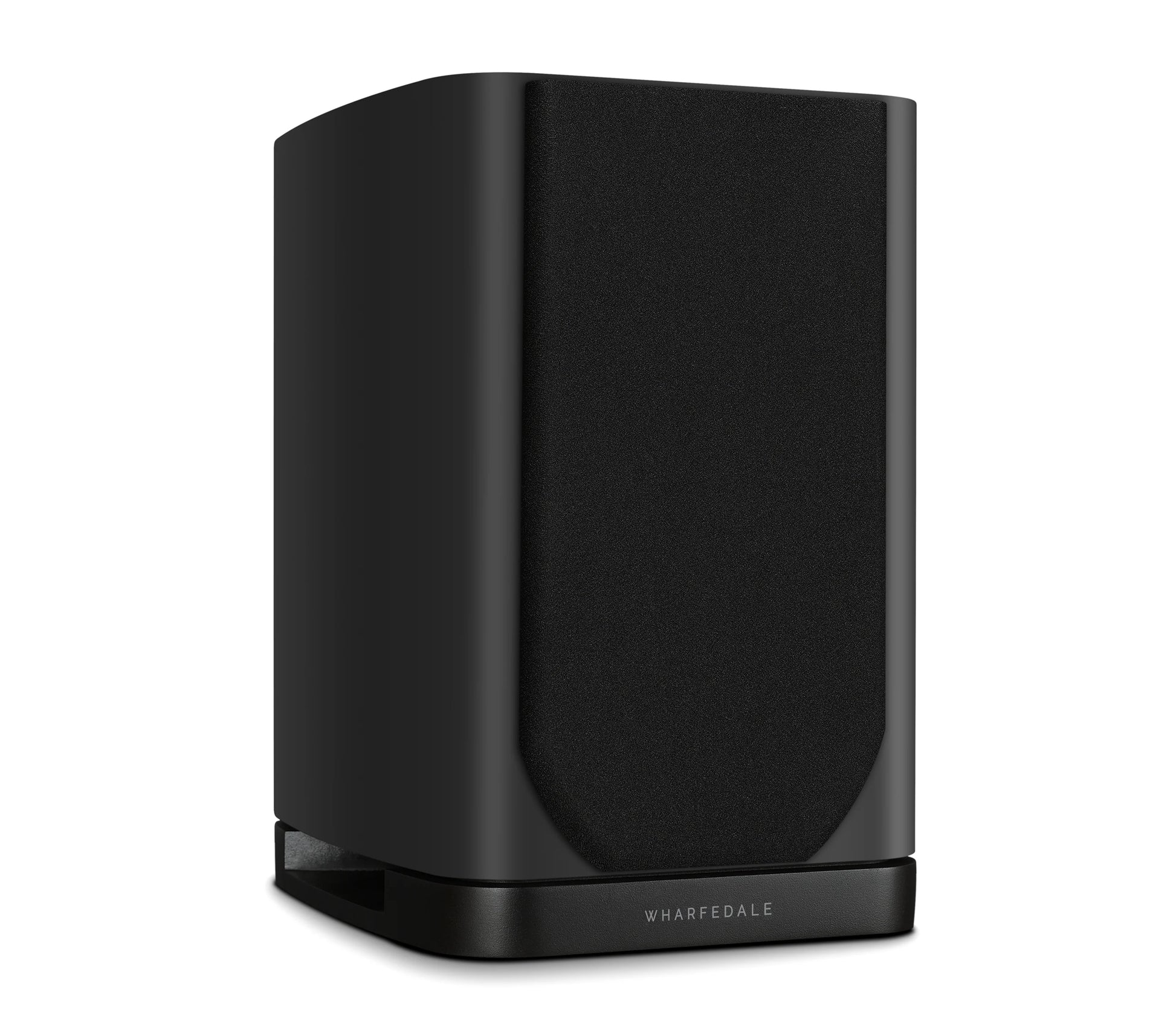 Front view of Wharfedale EVO 5.1 Bookshelf Speaker in black Finish with grill on white background.