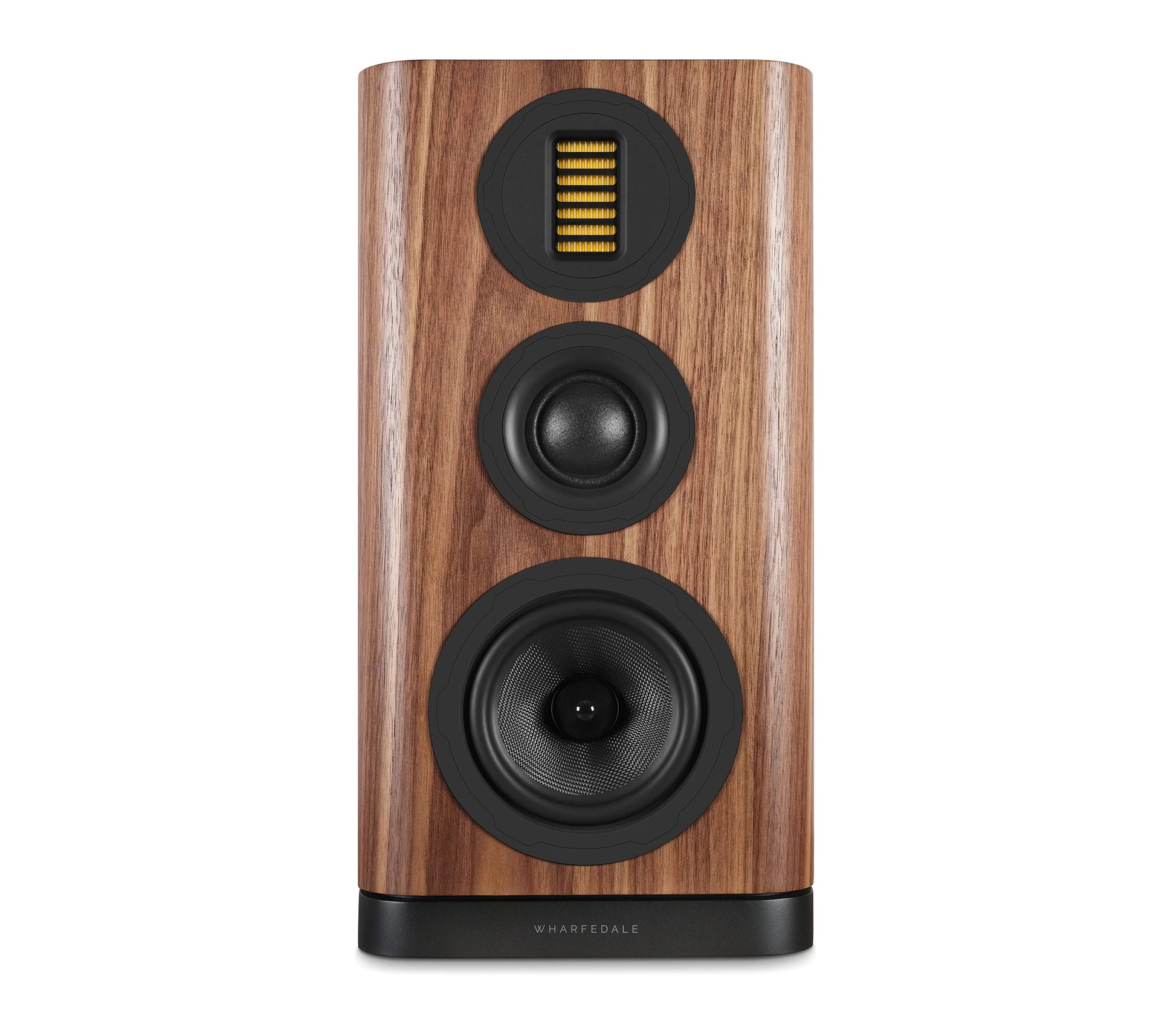 Wooden speaker with black components on a white background