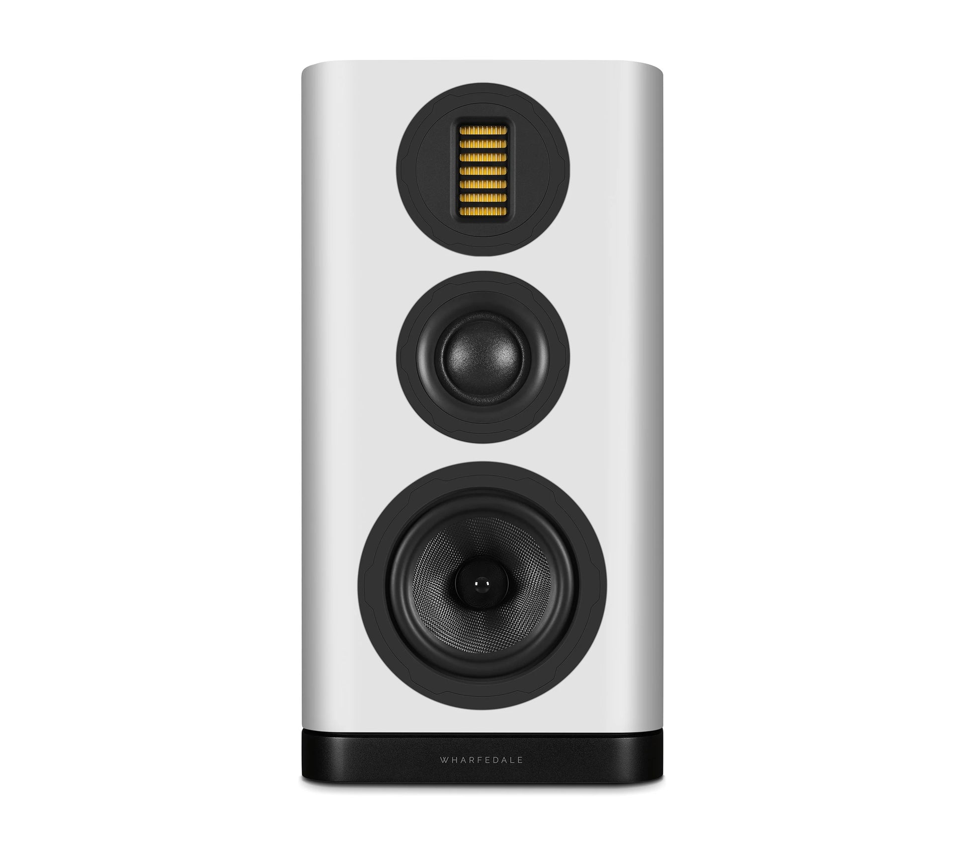 White speaker with black and gold design on a white background