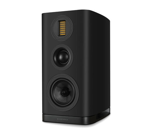 Black speaker with multiple drivers on a white background
